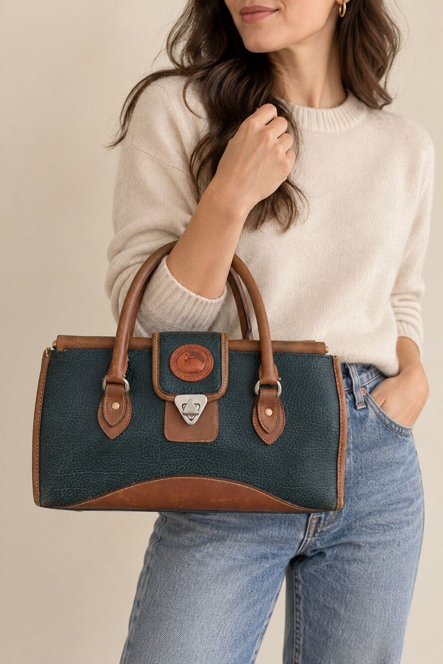 Vintage Dooney & Bourke All Weather Leather Green Brown Satchel Handbag